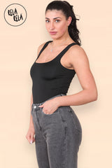 Side profile showing double layer seamless bodysuit fit in black