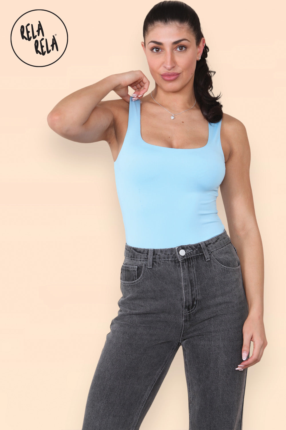 Square Neck Sculpting Thong Bodysuit in Baby Blue