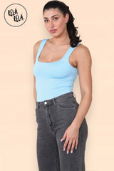 Side profile showing double layer seamless bodysuit fit in baby blue