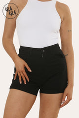 Black denim shorts styled with summer top, high waisted fit