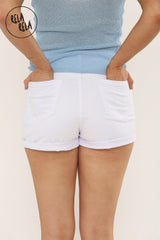 Back view of stretchy white high waisted shorts for women