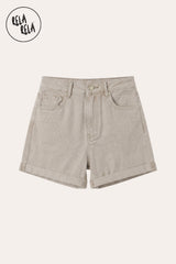Flat lay of the Rela Rela Beige high-waisted denim shorts with tailored turn-up cuffs, showcasing the premium fabric texture and soft, warm neutral aesthetic.