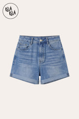 Flat Lay of Blue stretchy high waisted denim shorts