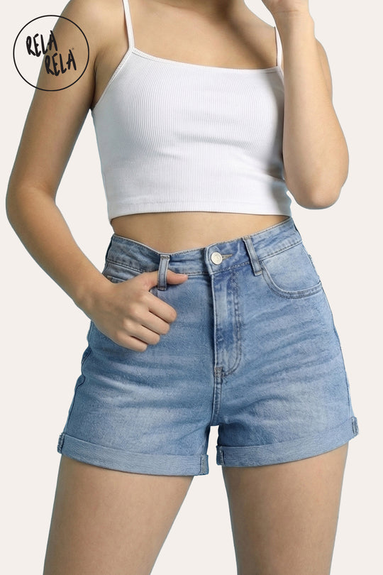 Stretch High Waisted Turn Up Denim Shorts in Blue