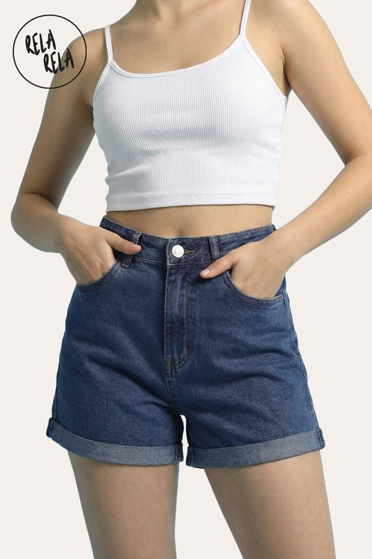 Stretch High Waisted Turn Up Denim Shorts in Dark Denim