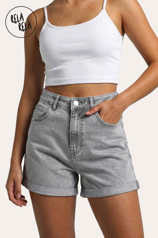 Stretch High Waisted Turn Up Denim Shorts in Grey
