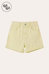 Flat lay of the Rela Rela Lemon high-waisted denim shorts with tailored turn-up cuffs, showing the soft pastel yellow denim texture.
