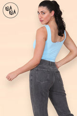 Back view of sculpting thong bodysuit in baby blue