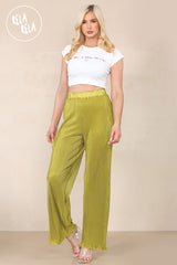 High Waisted Crinkle Plisse Flared Trousers in Olive