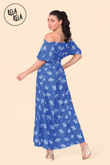 Floral Bardot Puff Sleeve Belted Maxi Dress in Royal Blue Side
