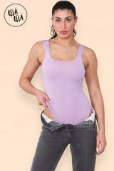 Flat lay of lilac seamless bodysuit with thong bottom