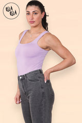 Side profile showing double layer seamless bodysuit fit in lilac