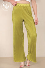 High Waisted Crinkle Plisse Flared Trousers in Olive