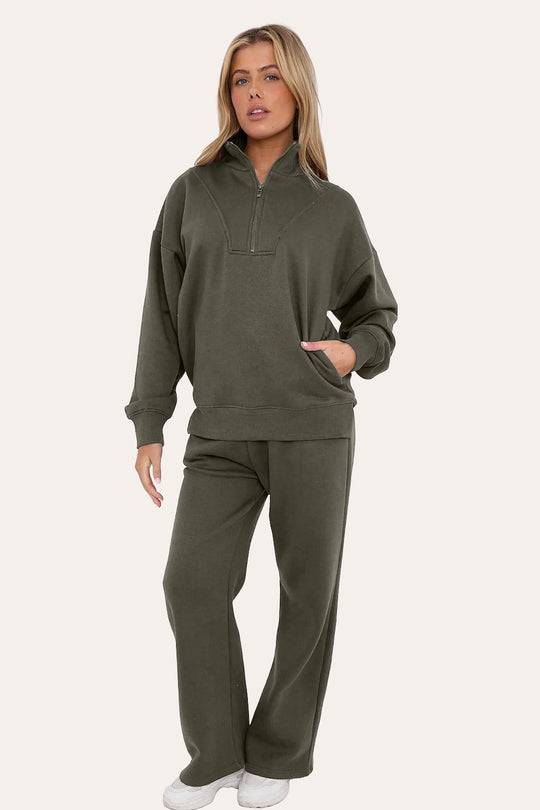 Premium Fleece Lined Half Zip Top & Jogger Co-Ord Tracksuit Set in Khaki