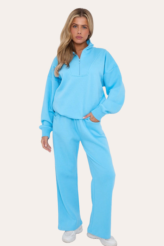 Premium Fleece Lined Half Zip Top & Jogger Co-Ord Tracksuit Set in Sky Blue