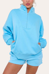 Premium Fleece Lined Half Zip Top & Shorts Co-Ord Tracksuit Set in Sky Blue