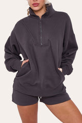 Premium Fleece Lined Half Zip Top & Shorts Co-Ord Tracksuit Set in Slate Grey