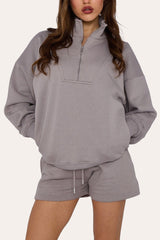 Premium Fleece Lined Half Zip Top & Shorts Co-Ord Tracksuit Set in Dove Grey