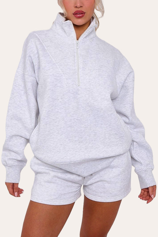 Premium Fleece Lined Half Zip Top & Shorts Co-Ord Tracksuit Set in Bleach Grey