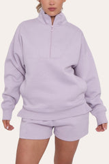 Premium Fleece Lined Half Zip Top & Shorts Co-Ord Tracksuit Set in Lilac