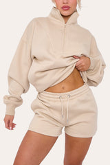 Premium Fleece Lined Half Zip Top & Shorts Co-Ord Tracksuit Set in Oatmeal