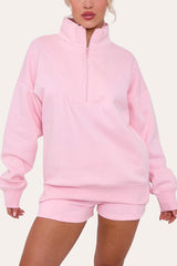 Premium Fleece Lined Half Zip Top & Shorts Co-Ord Tracksuit Set in Baby Pink