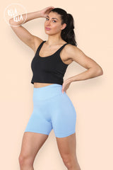 model in baby blue scrunch bum high waisted cycling shorts for women