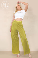 High Waisted Crinkle Plisse Flared Trousers in Olive