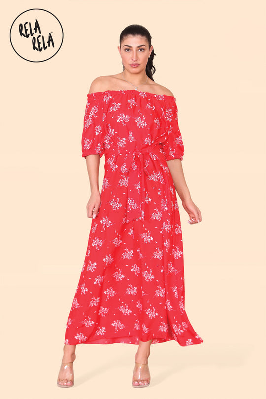 Floral Bardot Puff Sleeve Belted Maxi Dress in Red