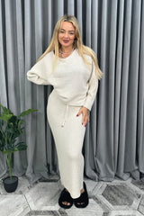 Cropped Batwing Jumper & Knitted Midi Skirt Set in Cream