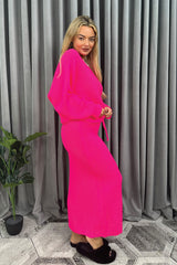 Cropped Batwing Jumper & Knitted Midi Skirt Set in Fuchsia Side