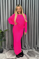 Cropped Batwing Jumper & Knitted Midi Skirt Set in Fuchsia Front