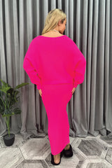Cropped Batwing Jumper & Knitted Midi Skirt Set in Fuchsia Back