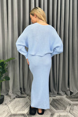 Cropped Batwing Jumper & Knitted Midi Skirt Set in Baby Blue Back