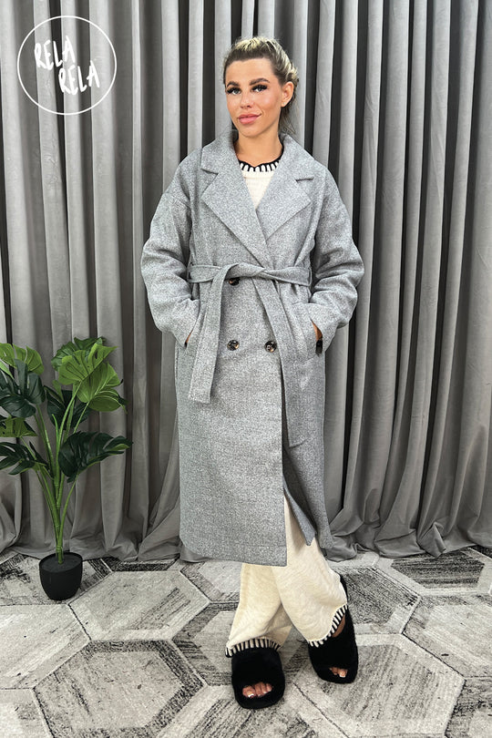 Double Breasted Belted Midi Coat in Charcoal