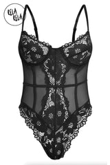 Front view of black underwire high leg lace bodysuit with spaghetti straps