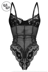 Back view of black lace lingerie bodysuit with spaghetti straps and high cut legs