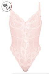 Front view of blush underwire high leg lace bodysuit with spaghetti straps