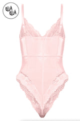 Back view of blush lace shapewear bodysuit with spaghetti straps and high cut legs