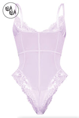 Back view of lilac lace bodysuit with spaghetti straps and high cut legs