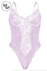 Front view of lilac underwire high leg lace bodysuit with spaghetti straps