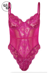 Front view of raspberry underwire high leg lace bodysuit with spaghetti straps