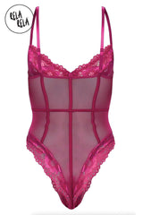 Back view of raspberry lace bodysuit with spaghetti straps and high cut legs