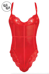 Back view of red lace bodysuit with spaghetti straps and high cut legs