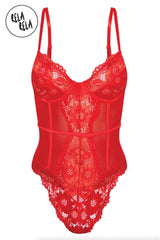 Front view of red underwire high leg lace bodysuit with spaghetti straps