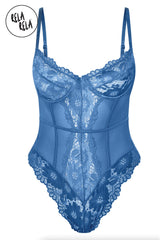 Front view of petrol blue underwire high leg lace bodysuit with spaghetti straps