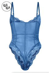 Back view of petrol blue lace bodysuit with spaghetti straps and high cut legs