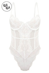 Front view of white underwire high leg lace bodysuit with spaghetti straps