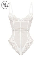 Back view of white lace bodysuit with spaghetti straps and high cut legs