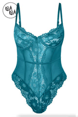 Front view of emerald underwire high leg lace bodysuit with spaghetti straps